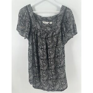 Black Floral Peasant Blouse Plus Size M Boho Babydoll‎ Cottage Core Prairie BB00